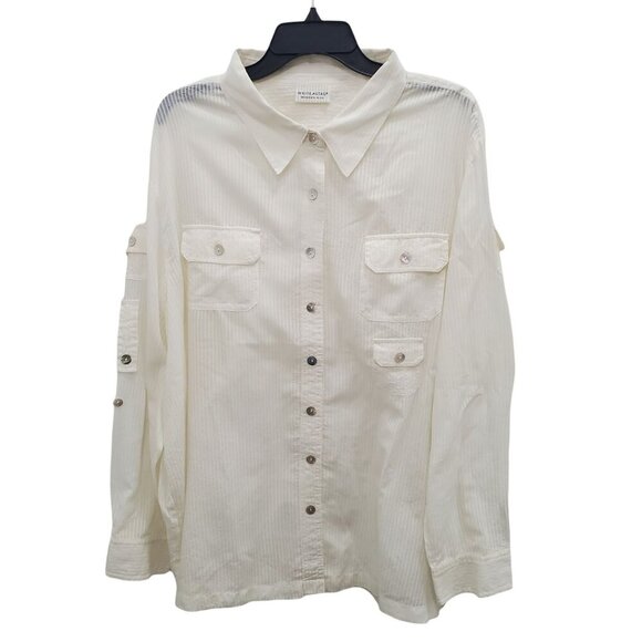 White Stag Woman's Cream Semi Sheer Pinstripe Lightweight‎ Button Up Top Plus 3X - Picture 1 of 7